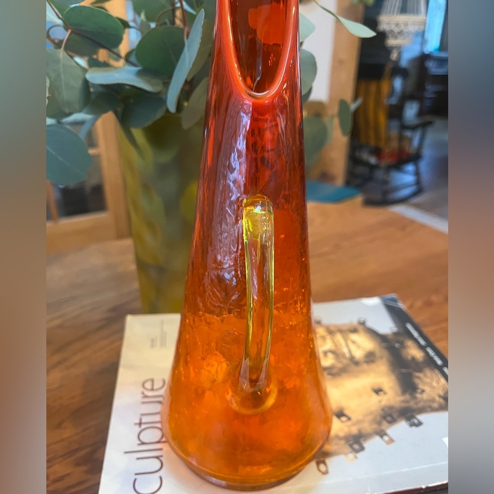 Vintage Vibrant Amber Red Orange Crackle Glass Pitcher MCM - Picture 4 of 8